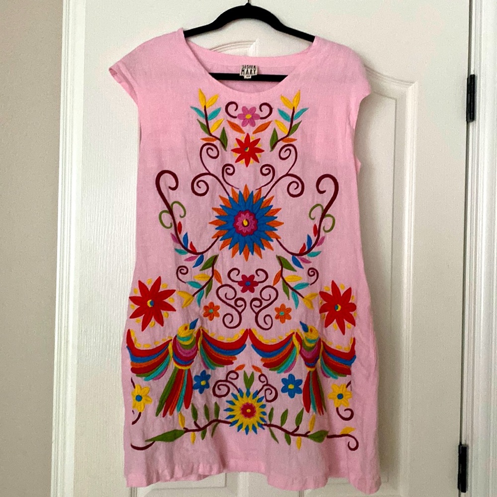 Ivy Jane Sister Mary Pink Linen Dress with embroidery